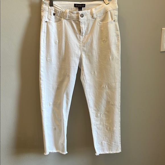 Renuar White Hearts Jeans Cropped Raw Hem Size 2 - Picture 1 of 11